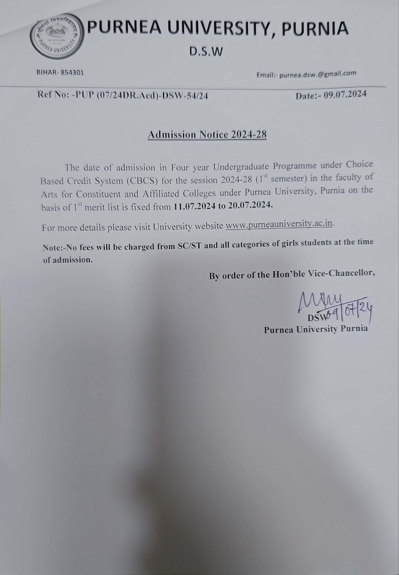 Purnea University UG 1st Merit List 2024