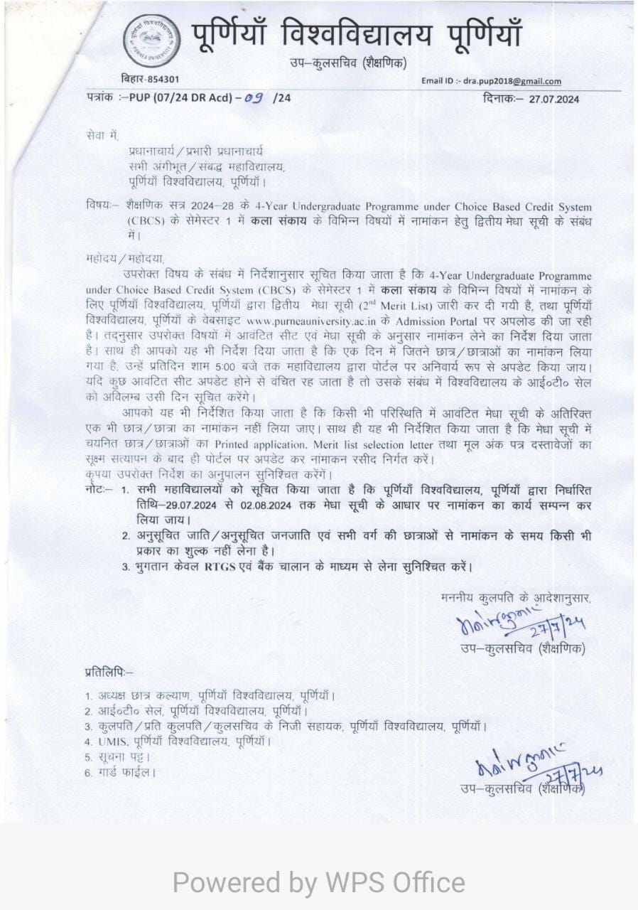 Purnea University UG BA 2nd Merit List 2024