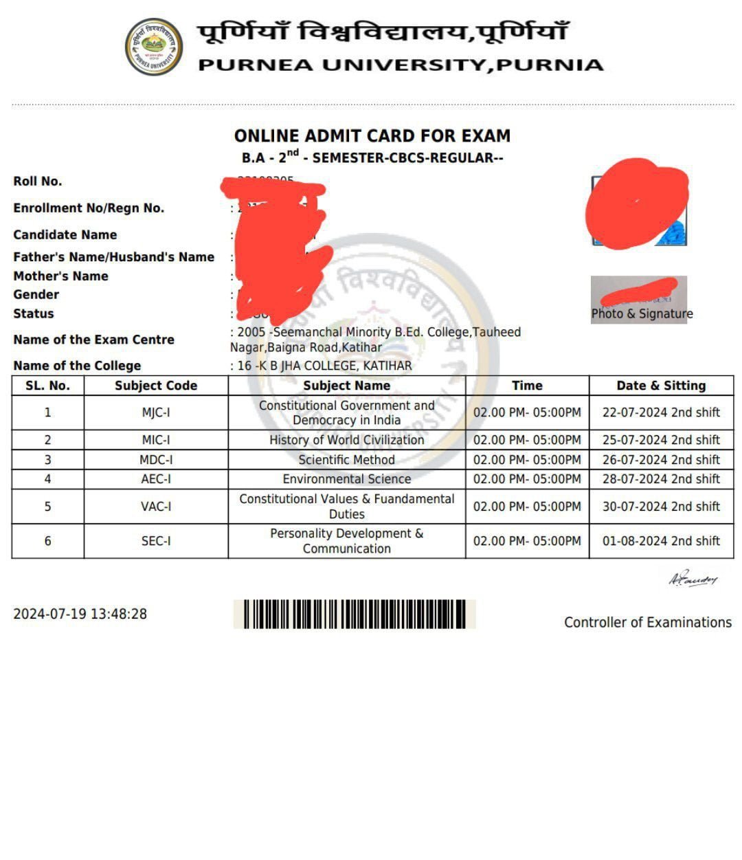 Purnea University UG 2nd Semester Admit Card 2024
