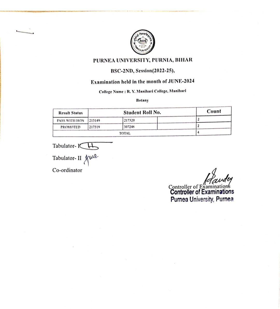 Purnea University Part 2 Result 2022-25 