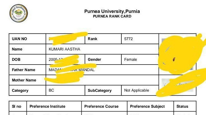 Purnea University UG BA 1st Merit List 2024