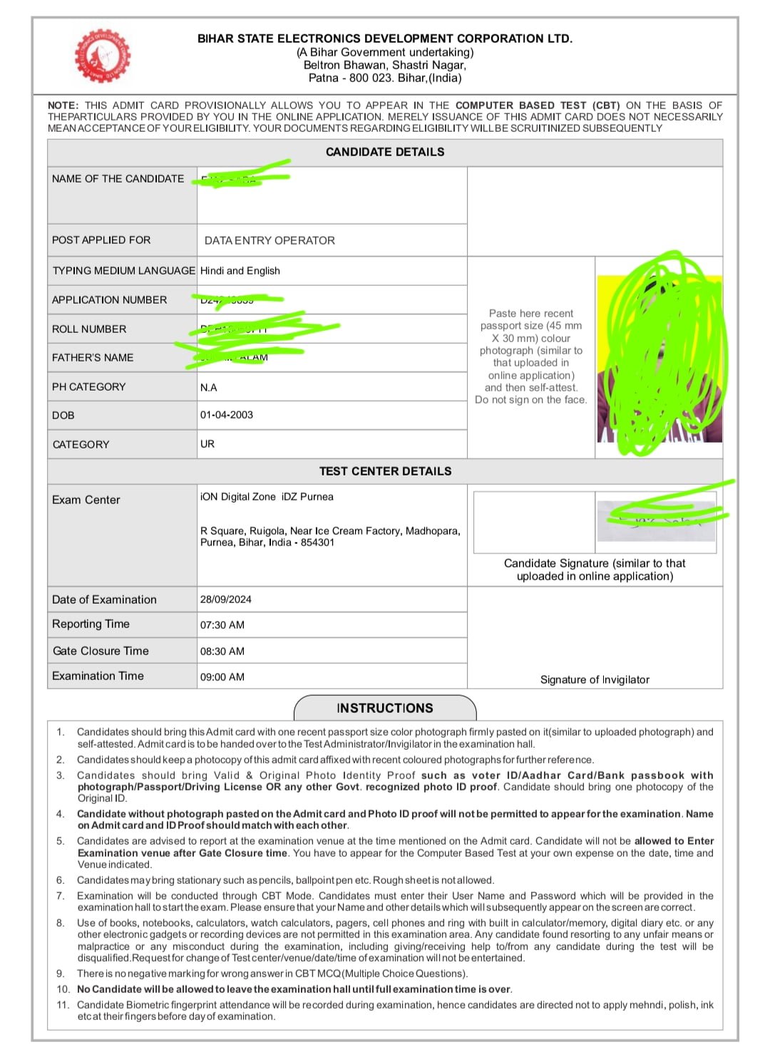 Bihar Beltron DEO Admit Card 2024