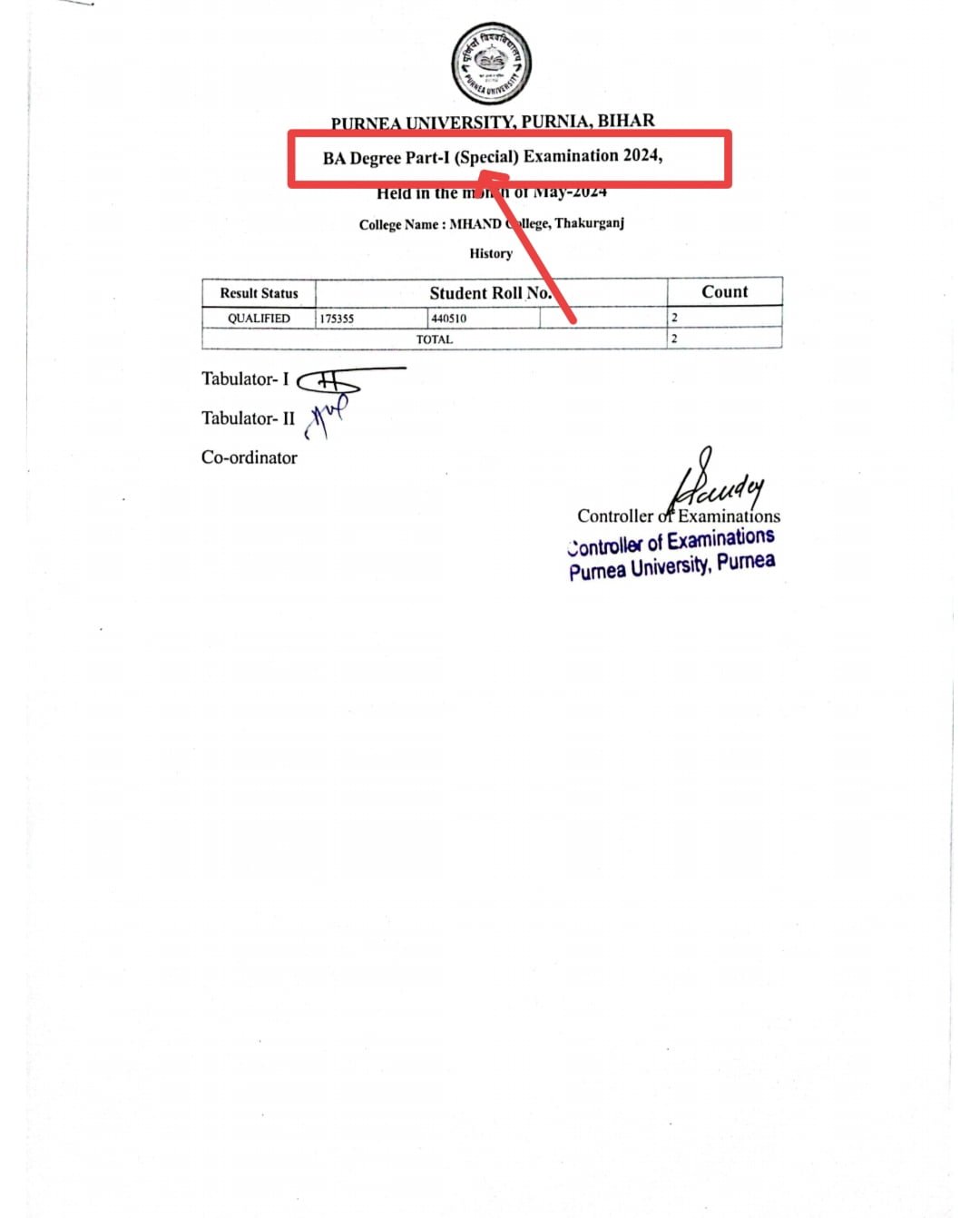 Purnea University Part 1 Special Exam Result 2024