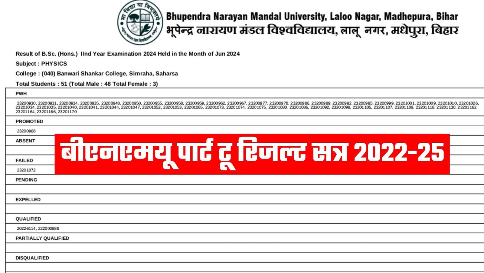 BNMU Part 2 Result 2022-25