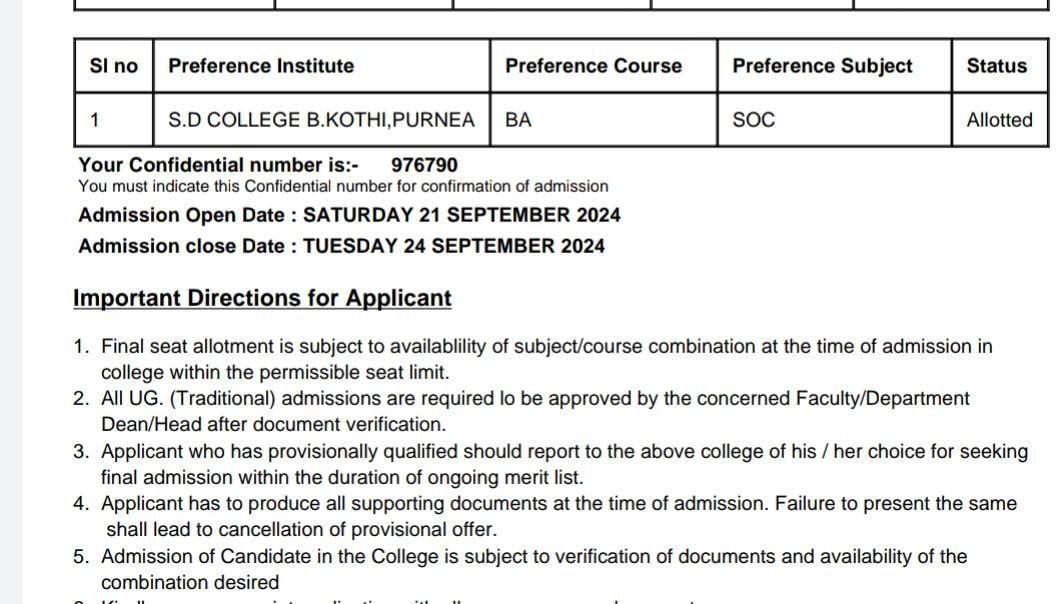 Purnea University UG BA 5th Merit List 2024