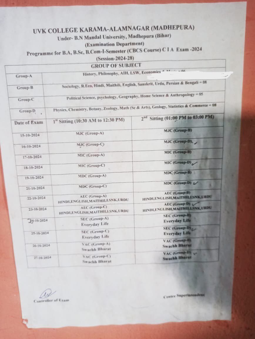 BNMU UG 1st Semester CIA Exam 2024