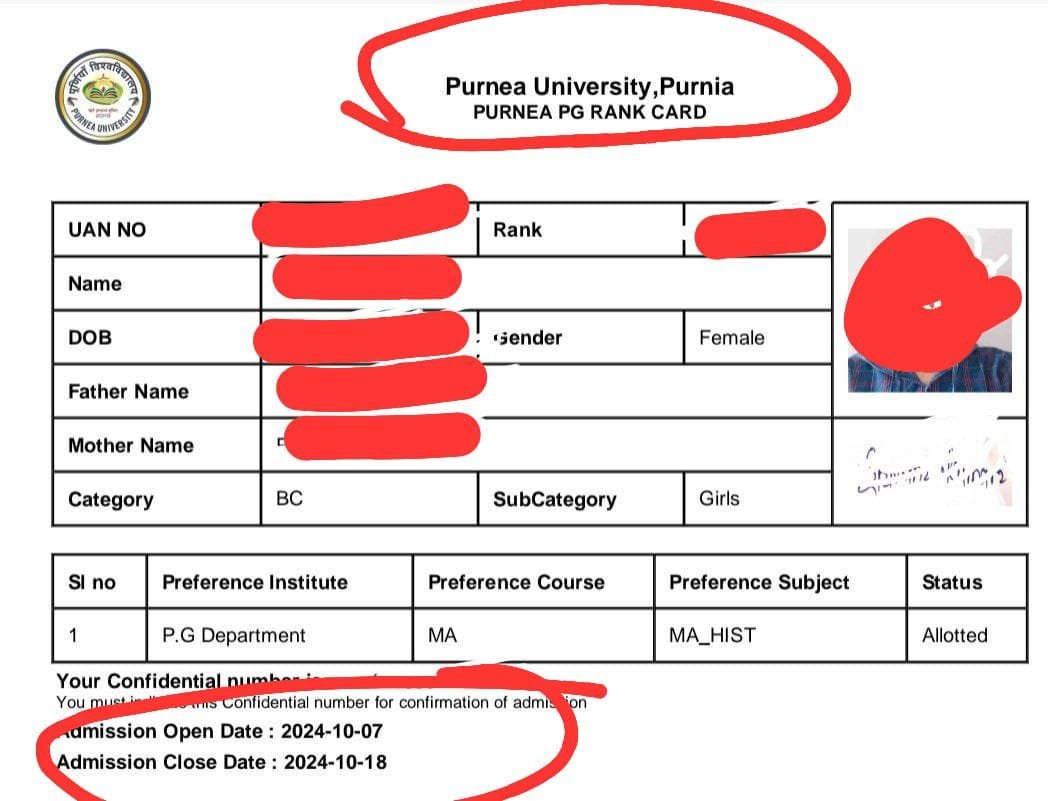 Purnea University pg 1st Merit list