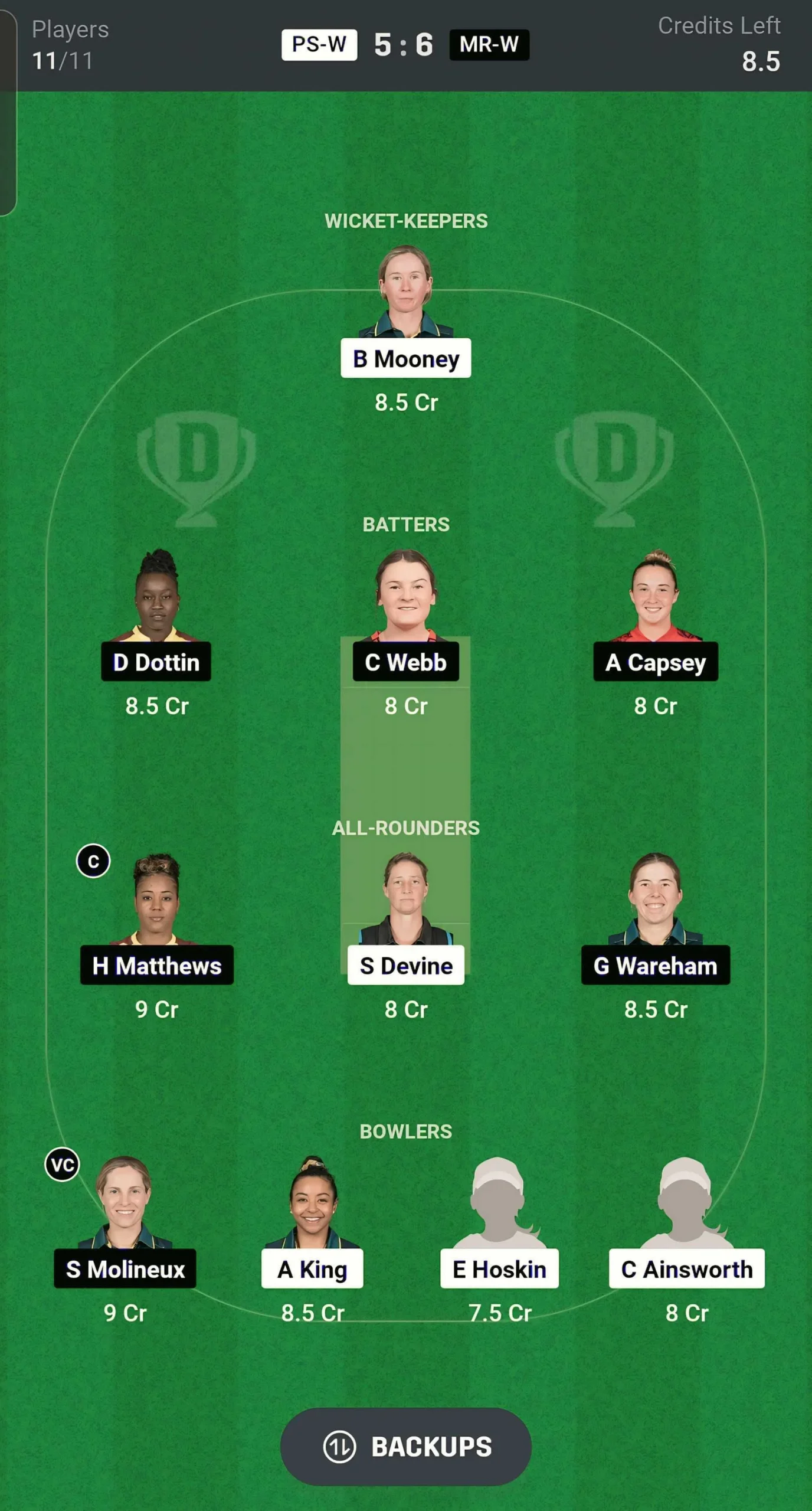 PS-W VS MR-W Dream11 Prediction team