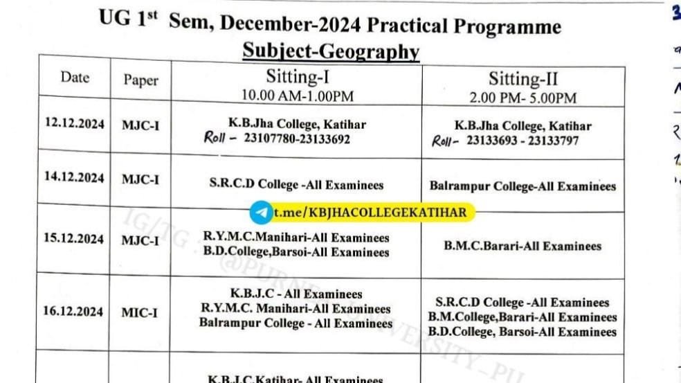 KB Jha College UG 1st Semester Practical Exam Programme