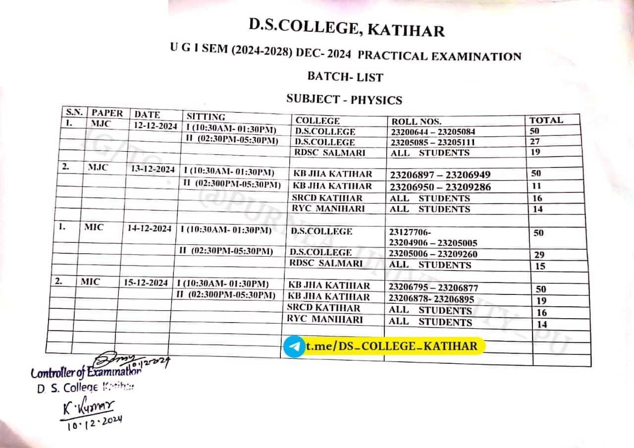 DS College Katihar Semester 1 Exam Programme 