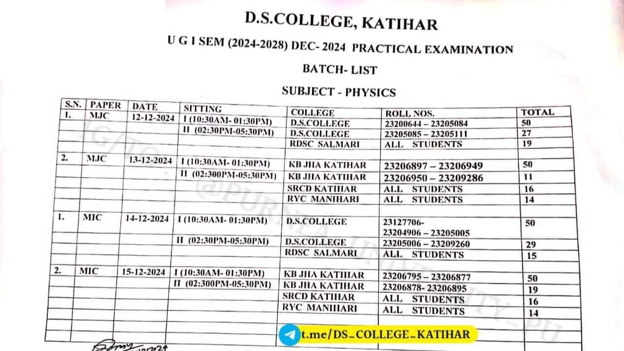 DS College Katihar Semester 1 Exam Programme