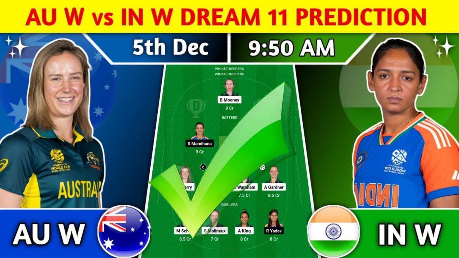 AUS-W Vs IND-W Dream11 Prediction Team