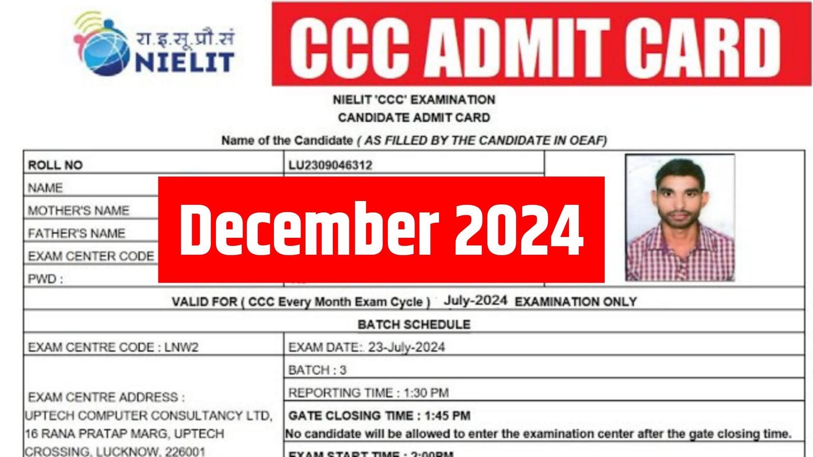 NIELIT CCC Exam Admit Card December 2024