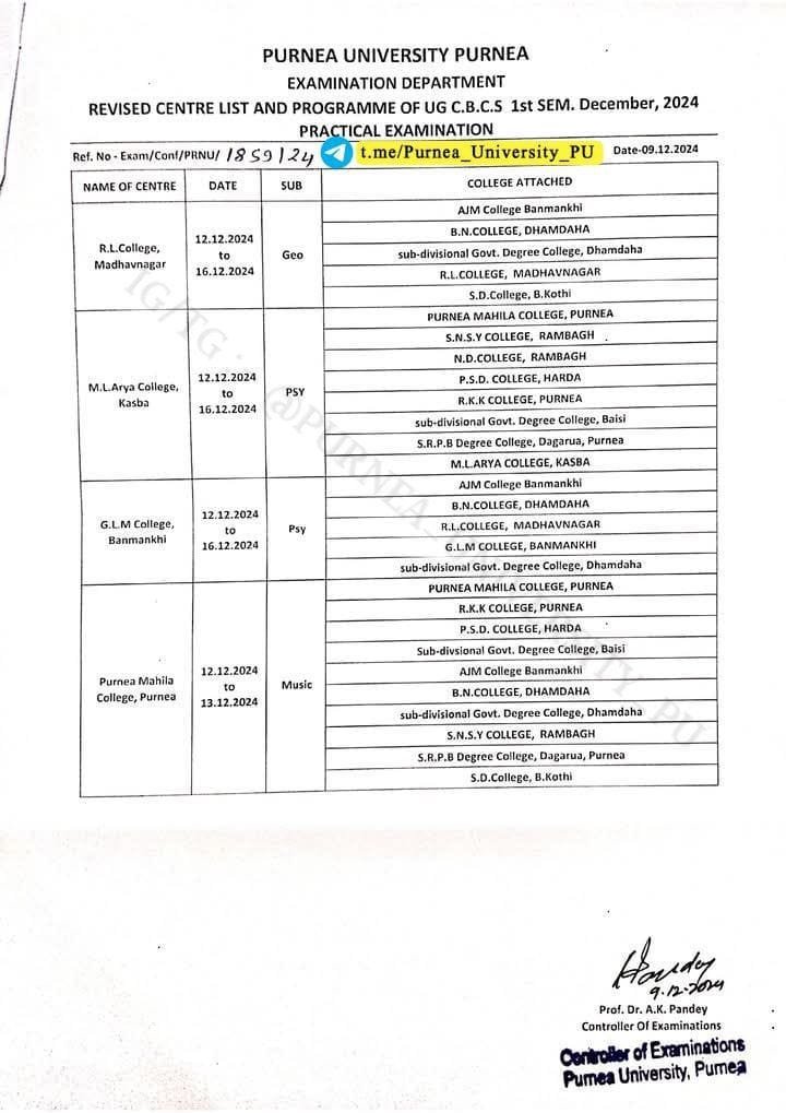 Purnea District Revised Centre List & Exam Programme